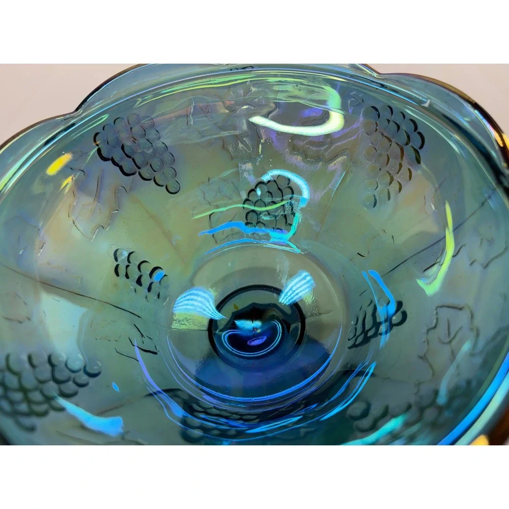 Vtg Carnival Glass HarvestGrape Compote Iridescent TealBlue Candy Dish Lid 9.75